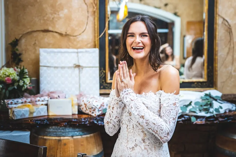 Bride smiling with hands together